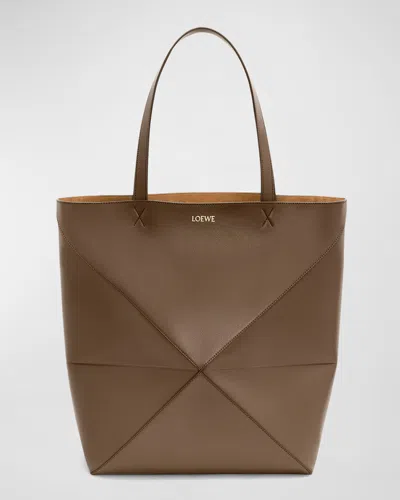Loewe Puzzle Fold Large Tote Bag In Shiny Leather In Umber