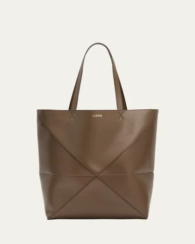 Loewe Puzzle Fold Large Tote Bag In Shiny Leather In Umber
