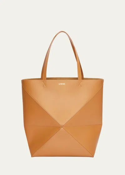 Loewe Puzzle Fold Large Tote Bag In Shiny Leather In Brown