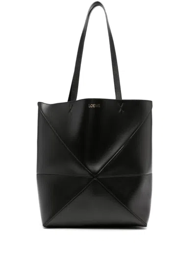 Loewe Puzzle Fold Leather Medium Tote Bag In Black