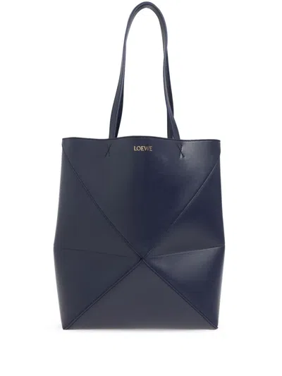 Loewe Women Puzzle Fold Medium Leather Tote In Dark Blue