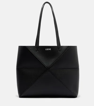 Loewe Puzzle Fold Medium Leather Tote Bag In Black
