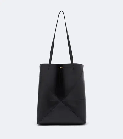 Loewe Puzzle Fold Medium Leather Tote Bag In Black