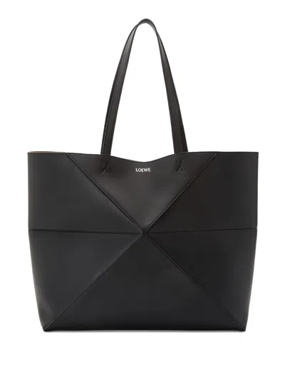 Loewe Puzzle Fold Medium Leather Tote In Black