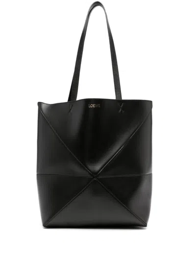 Loewe Puzzle Fold Medium Leather Tote In Black