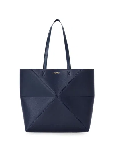 Loewe Puzzle Fold Medium Leather Tote In Blue