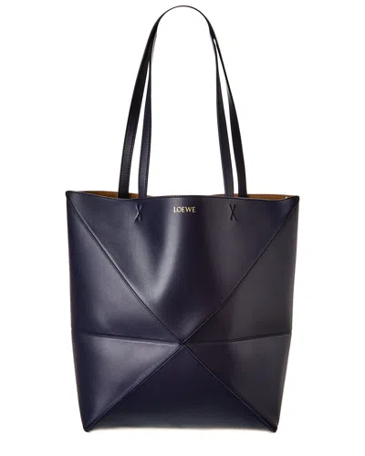 Loewe Puzzle Fold Medium Tote Bag In Shiny Leather In Abyss Blue