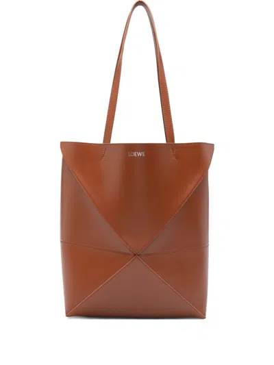Loewe Puzzle Fold Medium Leather Tote In Brown