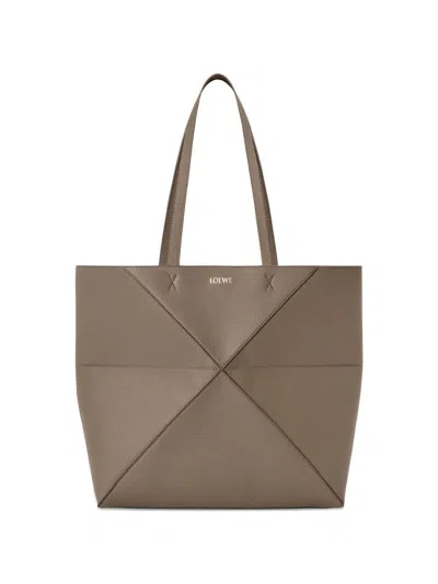 Loewe Puzzle Fold Medium Leather Tote In Grey