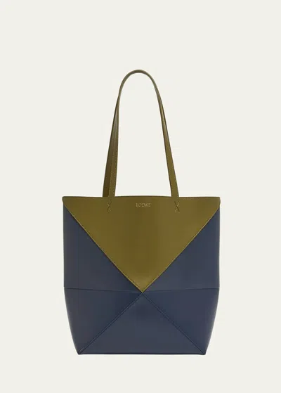 Loewe Puzzle Fold Medium Tote Bag In Shiny Bicolor Leather In Blue