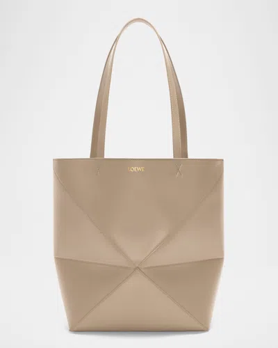 Loewe Puzzle Fold Medium Tote Bag In Shiny Leather In Beige