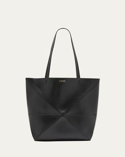 Loewe Puzzle Fold Medium Tote Bag In Shiny Leather In Black