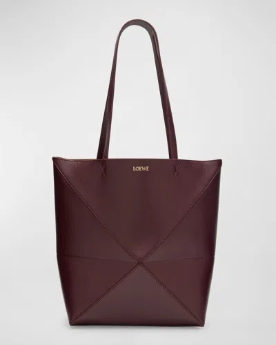 Loewe Puzzle Fold Medium Tote Bag In Shiny Leather In Dark Burgundy
