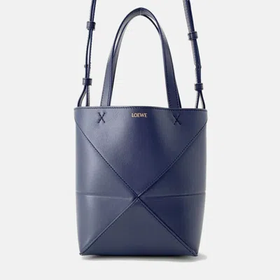 Pre-owned Loewe Puzzle Fold Mini Abyss Blue Shiny Calf Leather Tote Bag