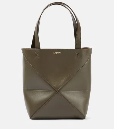 Loewe Puzzle Fold Mini Tote Bag In Shiny Leather In Dark Khaki Green