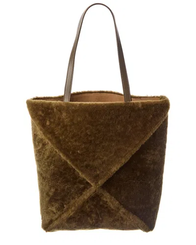 Loewe Puzzle Fold Shearling Tote In Brown