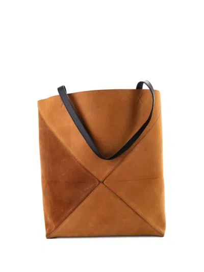 Pre-owned Loewe Puzzle Fold Suede Large Tote Bag In Brown