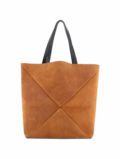 Pre-owned Loewe Puzzle Fold Suede Large Tote Bag In Brown