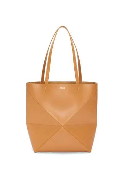 Loewe Puzzle Fold Mini Tote Bag In Shiny Leather In Brown