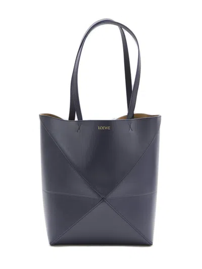 Loewe Puzzle Fold Large Tote Bag In Shiny Leather In Abyss Blue