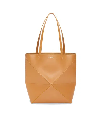 Loewe Puzzle Fold Tote Bag In Shiny Calfskin In Nude & Neutrals