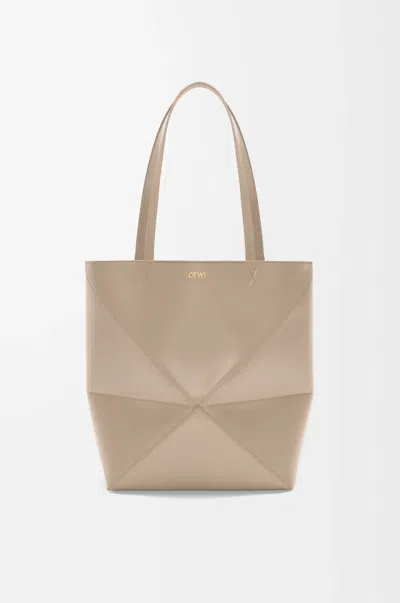 Loewe Medium Puzzle Fold Tote In Shiny Leather Skin For Woman In Neutral