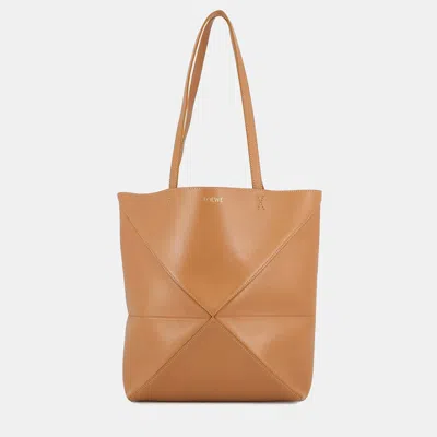Pre-owned Loewe Puzzle Fold Tote Warm Dessert Shiny Calf Leather Size Medium In Brown