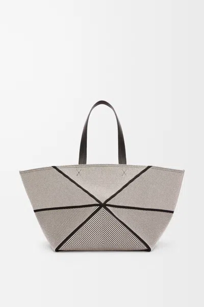 Loewe Xxl Puzzle Fold Tote In Canvas Jacquard And Leather Skin For Woman In Black