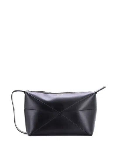 Pre-owned Loewe Puzzle Fold Wash Bag Leather Pouch In Black