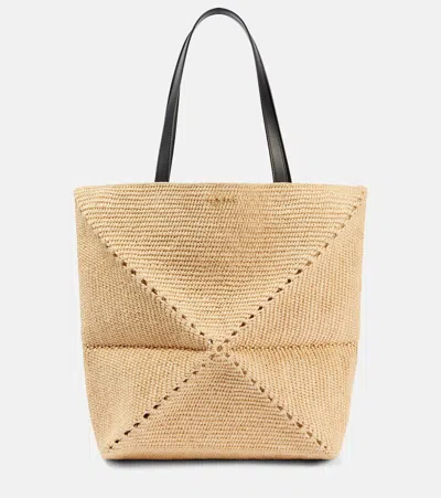 Loewe Large Puzzle Fold Tote Bag In Raffia In Naturalblack