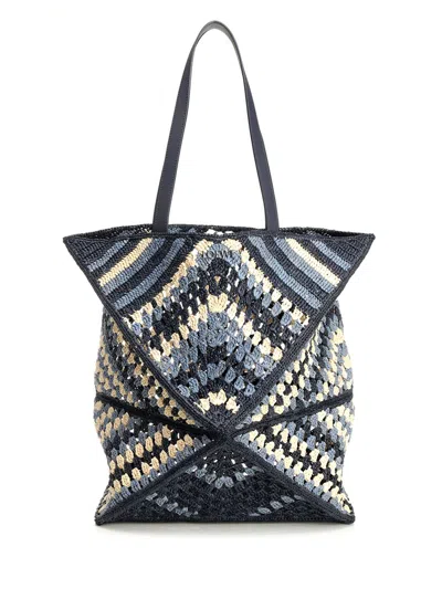 Loewe Puzzle Fold Xl Tote Bag In Raffia Shoulder Bags Blue In Black