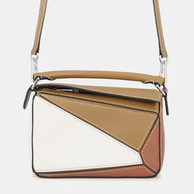 Pre-owned Loewe Puzzle Mini Beige Brown White Classic Calfskin Leather Top Handle Bag In Sand