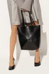 Loewe Puzzle Fold Medium Tote Bag In Shiny Leather In Black