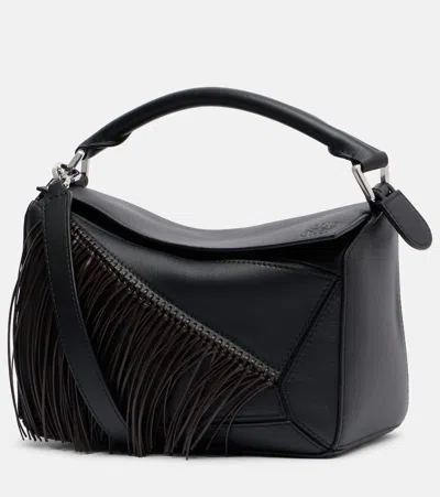 Loewe Puzzle Small Fringed Leather Shoulder Bag In Black