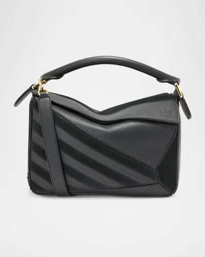 Loewe Puzzle Small Striped Top-handle Bag In Leather & Suede In Black