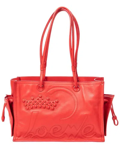 Loewe Red Calfskin Leather Studded Crown Shopper Tote (authentic Pre-loved)