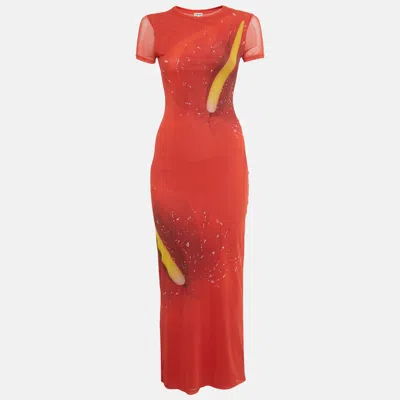 Pre-owned Loewe Red Printed Mesh Midi Dress Xs