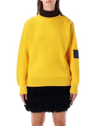 Loewe Relaxed Mid-weight Wool Sweater With Asymmetric Zip Neckline And Double L Leather Patch In Giallo