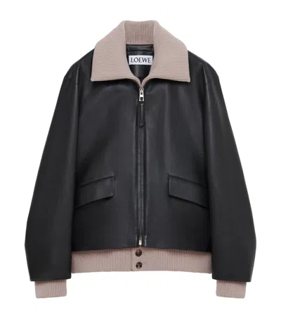 Loewe Rib-trim Leather Jacket In Black