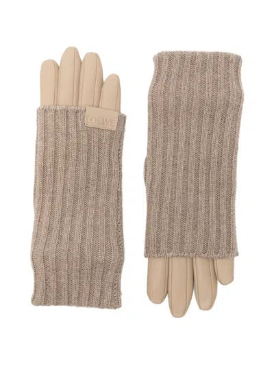 Loewe Leather And Ribbed Cashmere Gloves In Brown