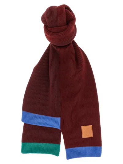 Loewe Ribbed Wool With Contrast Trim Scarf In Burgundy