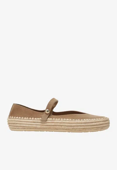 Loewe Rio Mary Janes In Dark Beige Suede And Raffia In Multi