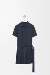 Loewe Structured Cotton-blend Gabardine Button-front Short Dress With Pleated Skirt And D-ring Belt In Blue