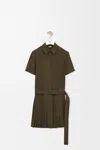 Loewe Womens Khaki Green Pleated Short-sleeve Cotton Blend Mini Dress