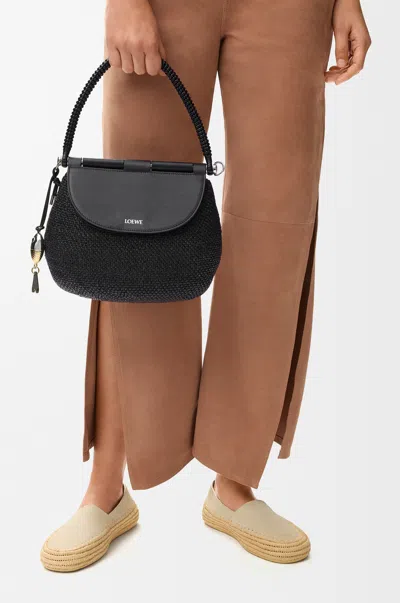 Loewe Medium Pescador Bag In Raffia And Leather Skin For Woman In Black
