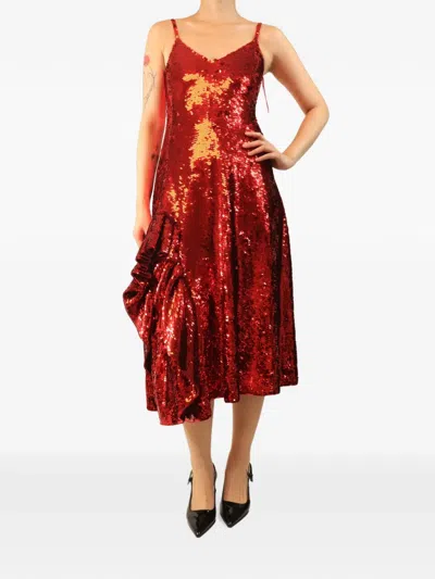 Pre-owned Loewe Sequin-embellished Ruffled Midi Dress In Red