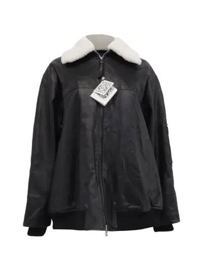 Pre-owned Loewe Sheared Collar Leather Bomber Jacket In Black