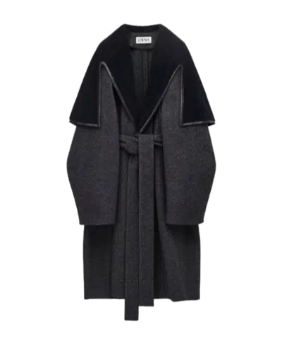 Loewe Shearling Collar Belted Coat In Wool In Black