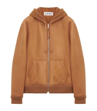 Loewe Shearling Reversible Hooded Jacket In Brown