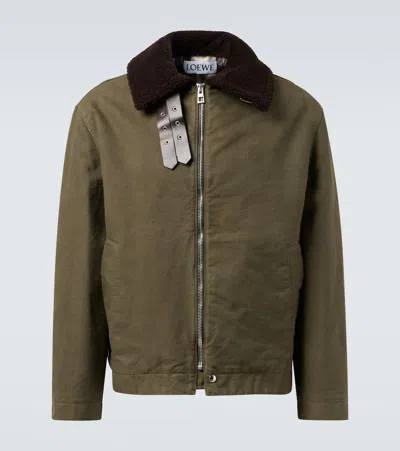 Loewe Shearling-trimmed Cotton Twill Jacket In Green